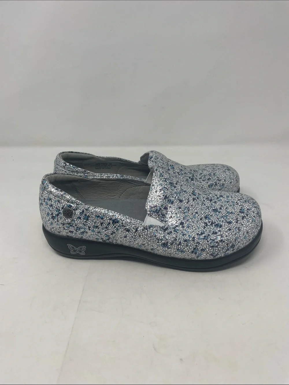 Alegria By PG Lite Leather Sparkling Blue Silver Slip-On Flats Size  7.5